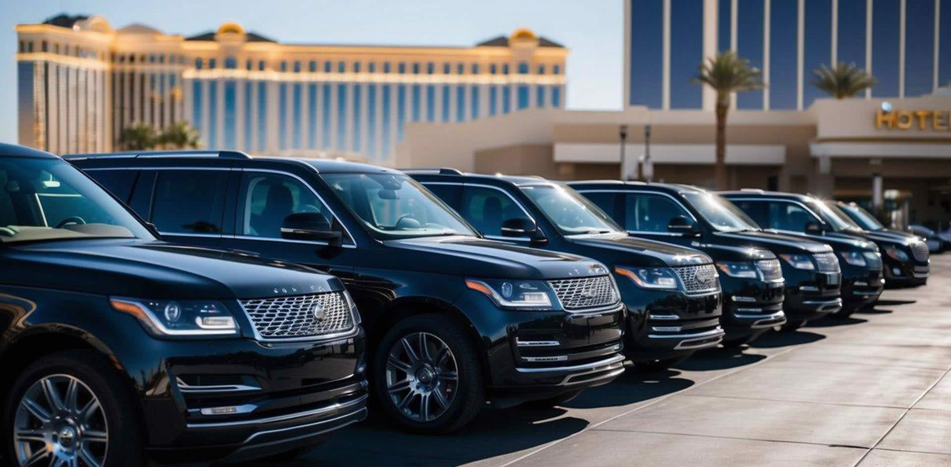 Luxury vehicles lined up outside a Las Vegas hotel, with the iconic Strip in the background. The vehicles are sleek and modern, ready for group transportation