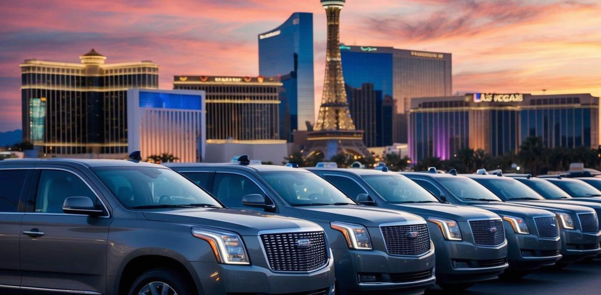 A fleet of sleek luxury vehicles lined up against the backdrop of the iconic Las Vegas skyline, ready to transport corporate groups in style