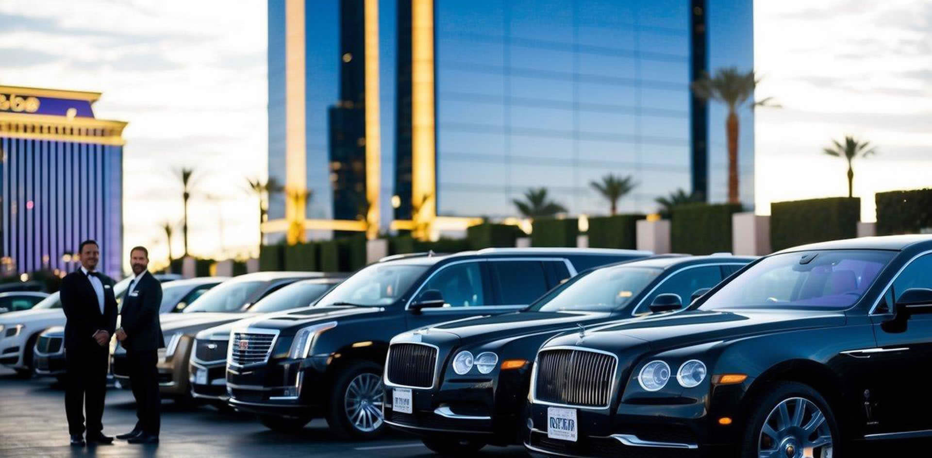 Luxury vehicles parked in a row outside a Las Vegas hotel, with a chauffeur standing nearby